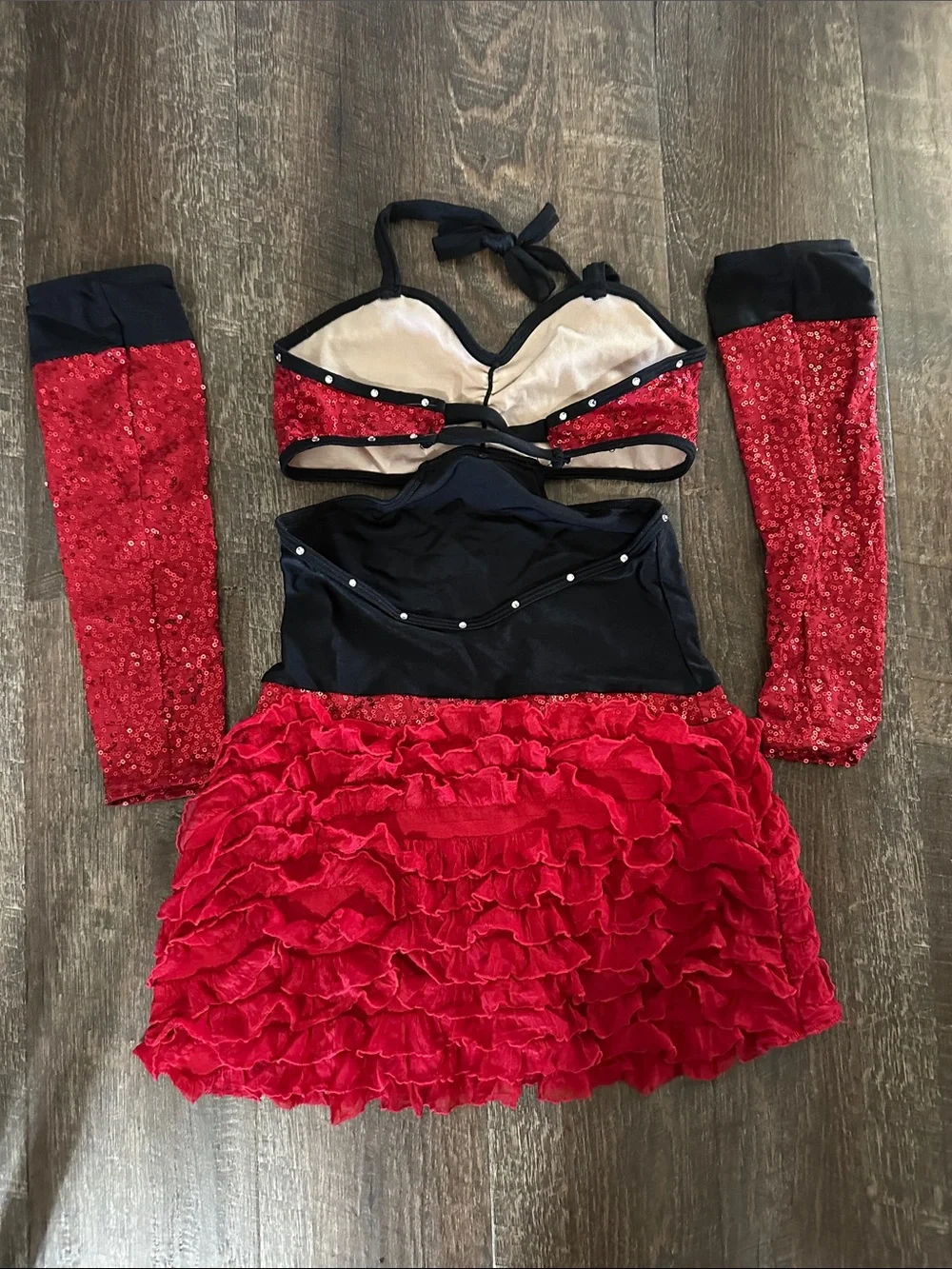 Competition Dance Red & Black Sequin & Ruffle Dance Costume youth large (YL)